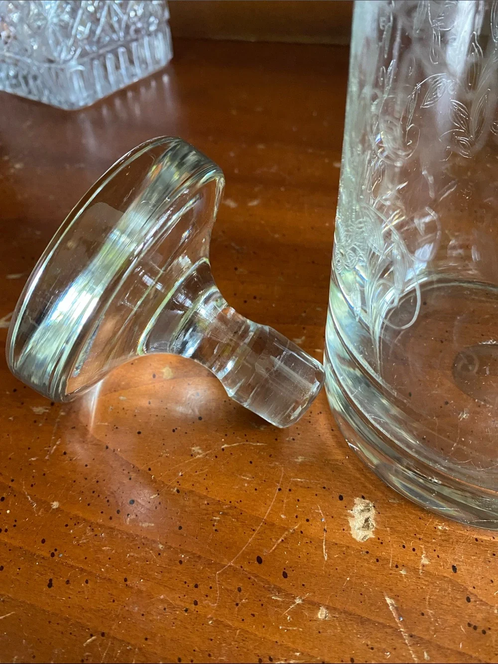 Vintage Mid-Century Hand-Blown Etched Glass Decanter with Flat-Top Disc Stopper